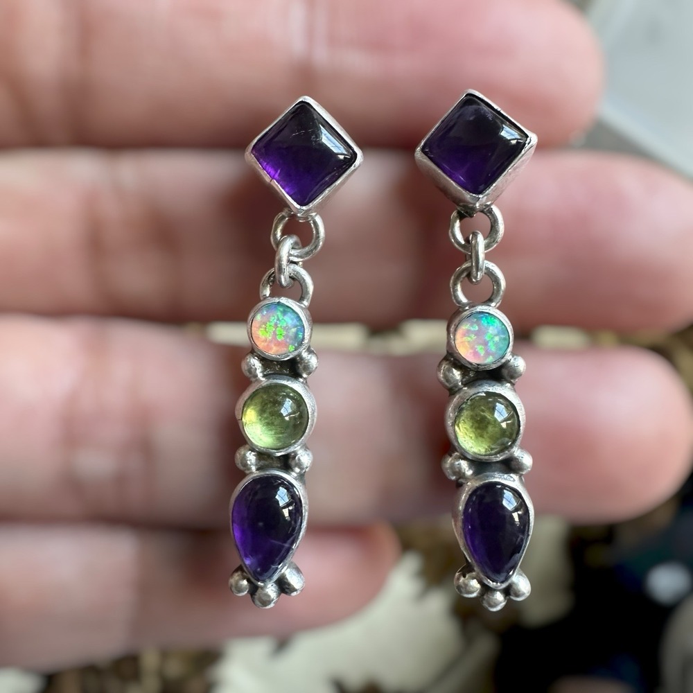 Grace Smith Navajo Stud Dangle Earrings 1.5 Inch Amethyst Opal 925 Sterling 5.4g